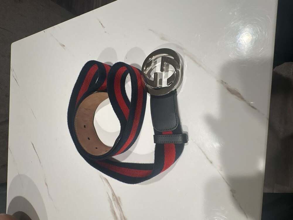 Gucci Web Canvas Interlocking G Belt Size 120/48 Blue Red